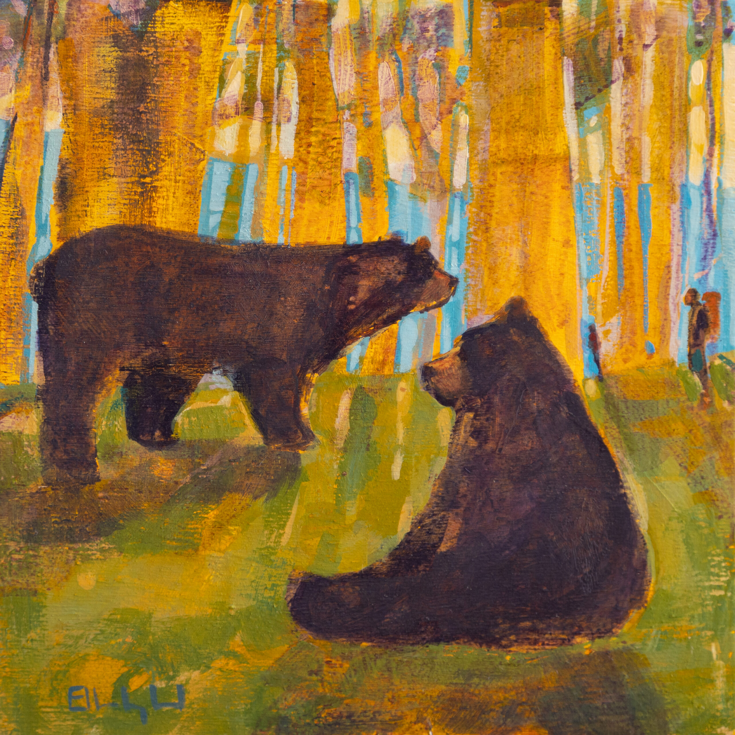 September AT Calendar <br/>
Two Bears, Two Hikers <br/>
Acrylic on Board <br/>
8 x 8