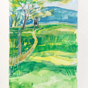 Thru-hiker coming out onto an open hillside, from the trees